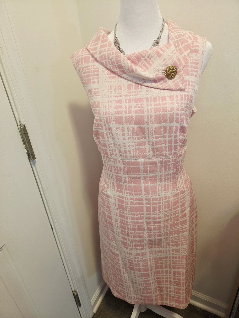 Tahari NWOT Pink Plaid Dress with Cowl Neck and Gold Accent Button